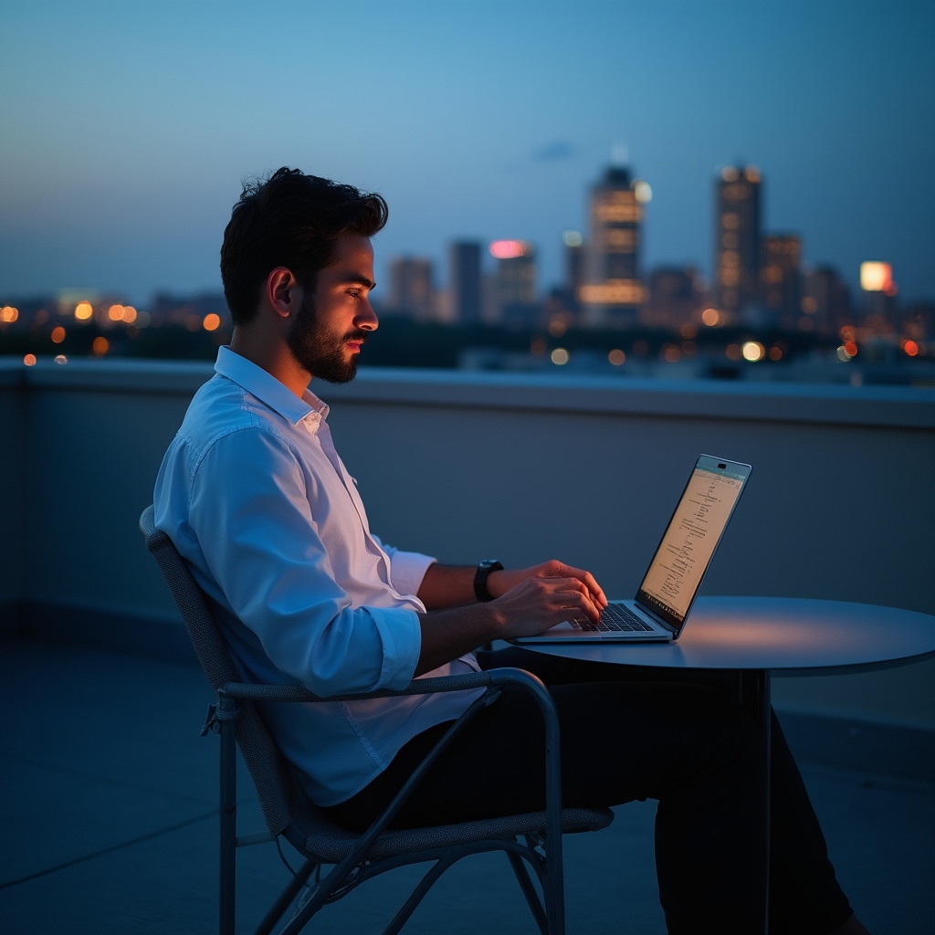 Young professional working on a laptop at an outdoor rooftop workspace with city buildings visible, late afternoon light, focused and calm