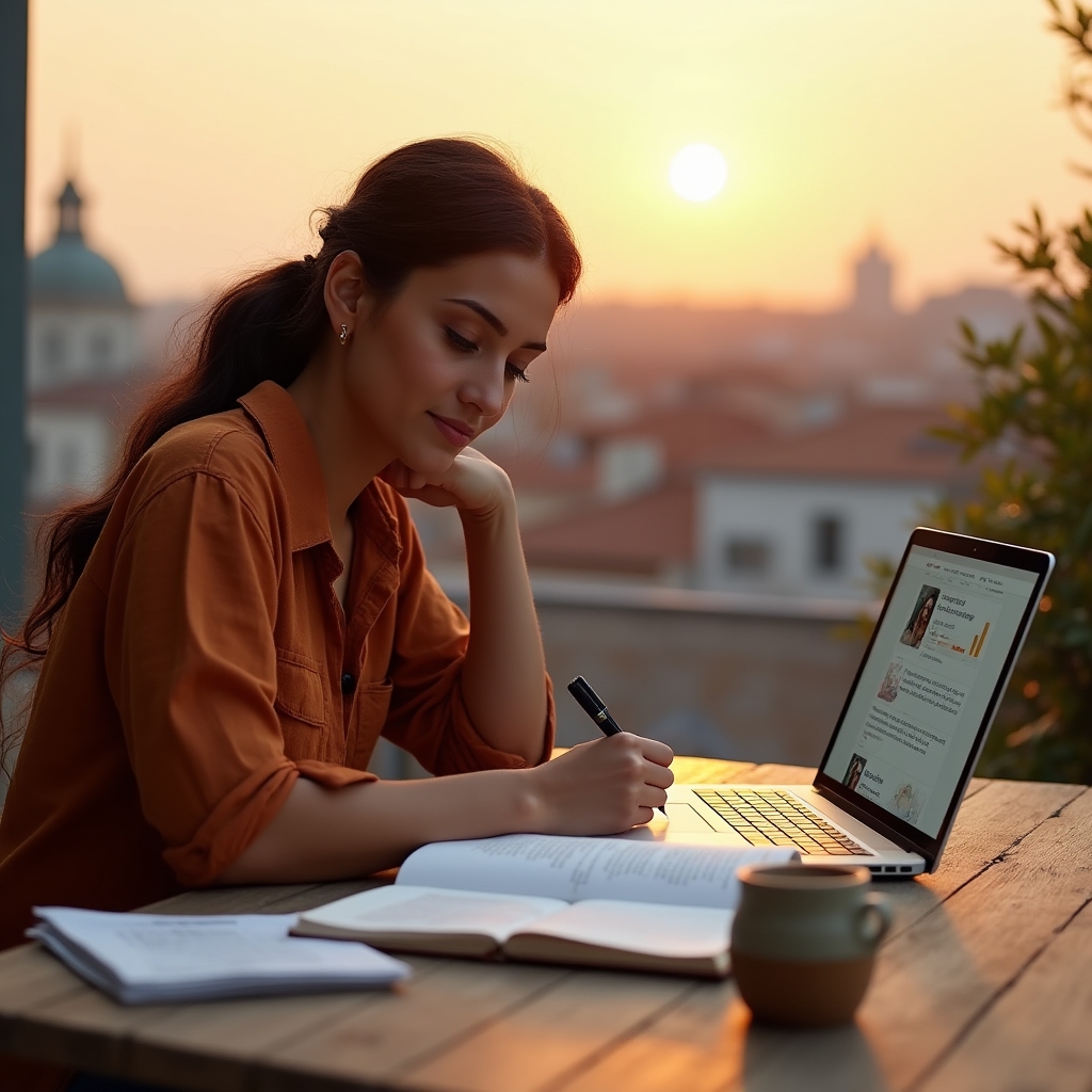Open notebook with handwritten notes about GBP post strategy on a wooden desk, coffee cup beside it, warm morning light