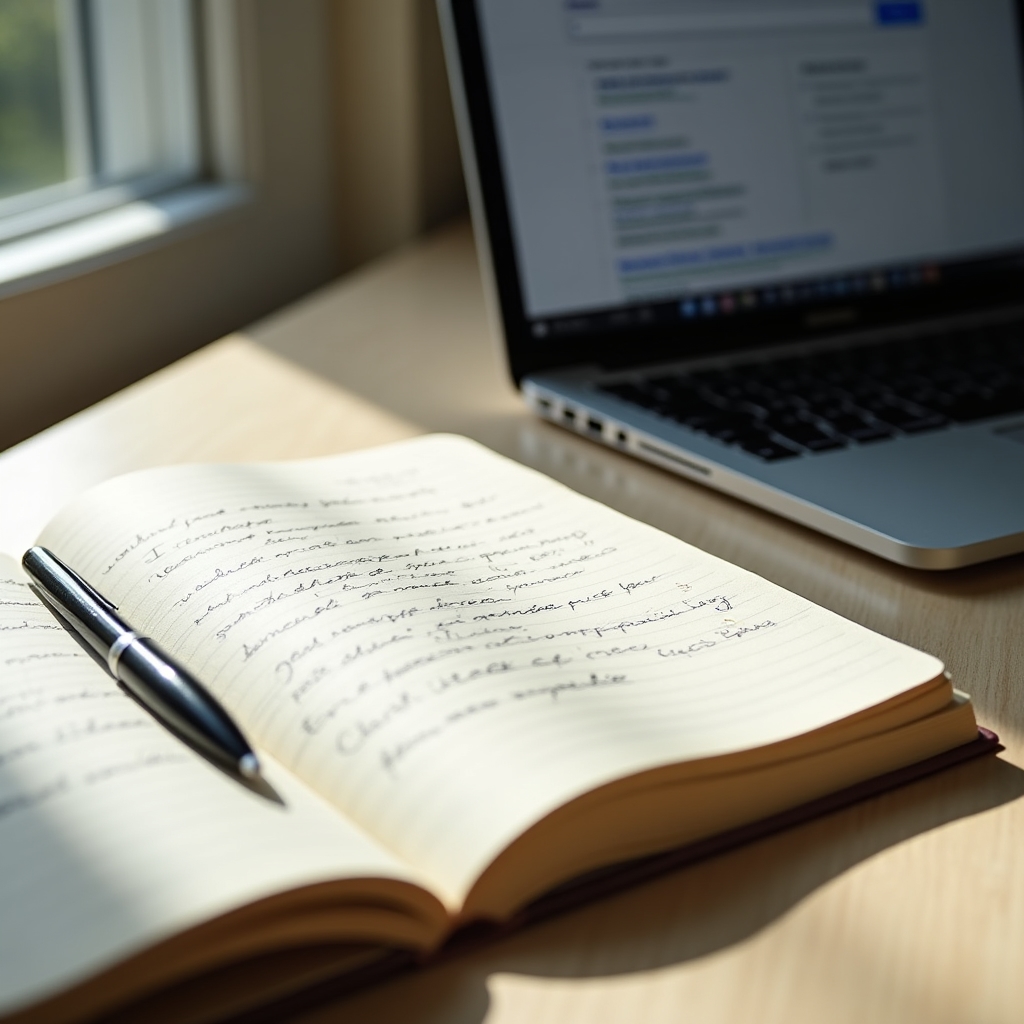 Neat desk with an open research journal, a pen, and a laptop showing a search results page, soft window light from the left